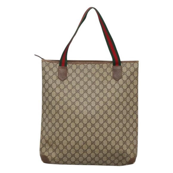 GUCCI GG Supreme Web Sherry Line Tote Bag PVC Beige Green Red Auth BA943 - Picture 3 of 16